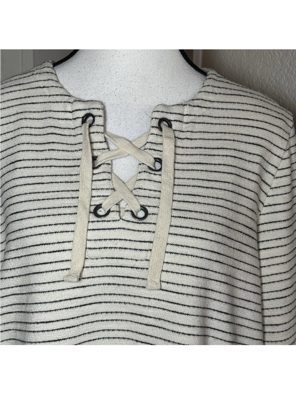 Madewell Striped Lace Up Pullover Top Women Large Cream Black Cotton Coastal - Picture 3 of 9